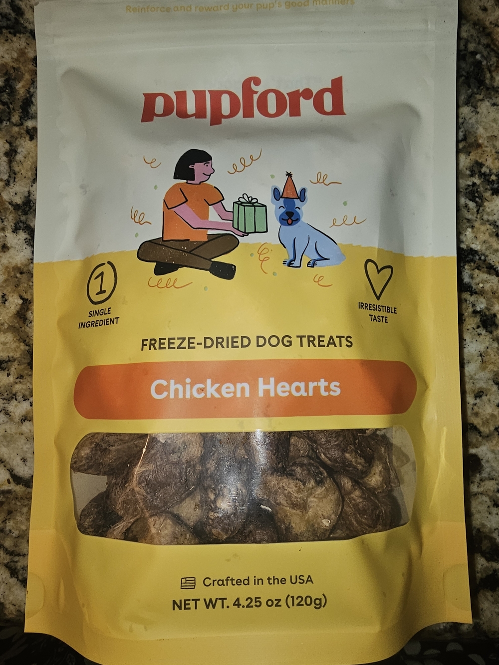 Ford Pupford Freeze-Dried Chicken Hearts Dog Treats - Yellow & Orange Packaging
